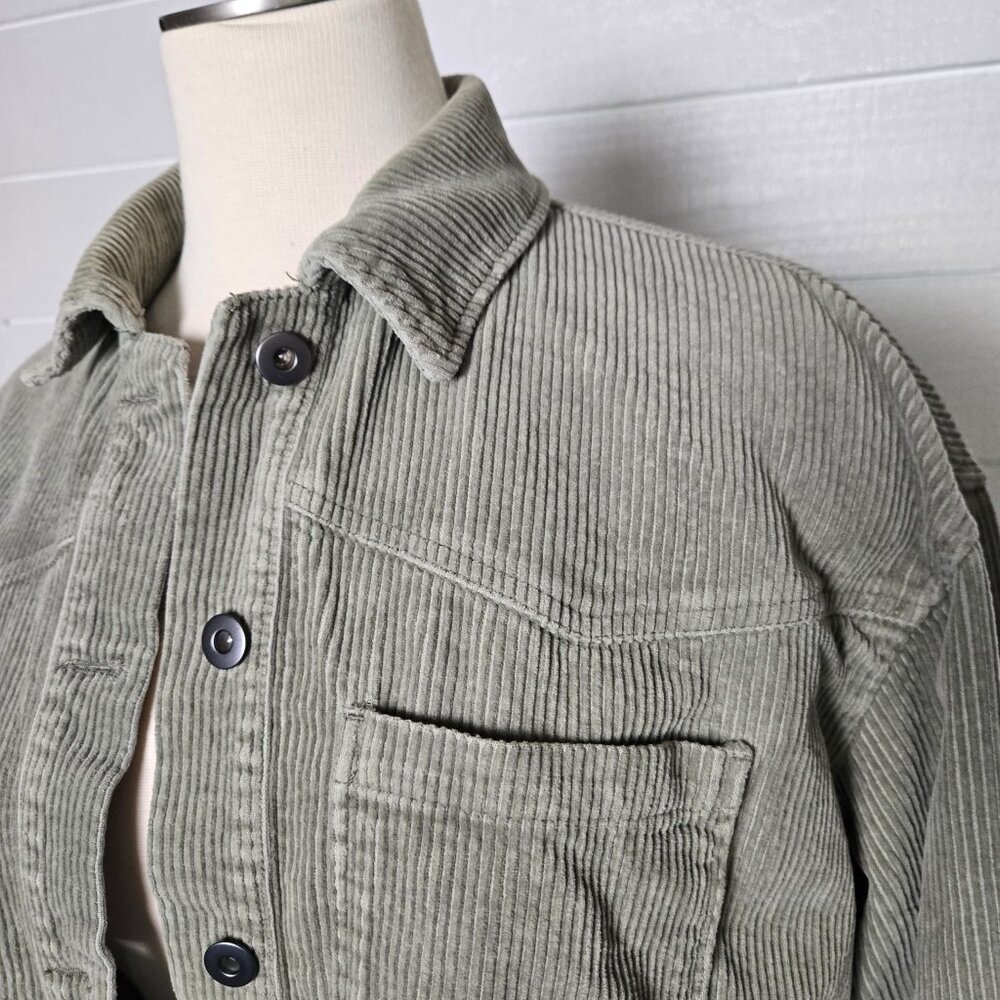 Zara Corduroy Jacket Womens XS Green Crop Oversized Loose Button Up Frayed
